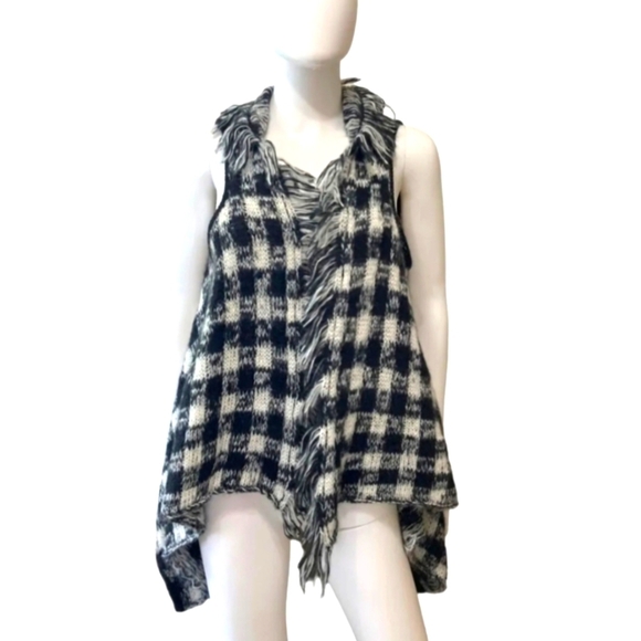 Wooden Ships Buffalo Plaid boho Fringe Vest Black White Open Front  soft Sz M/L - Picture 1 of 11